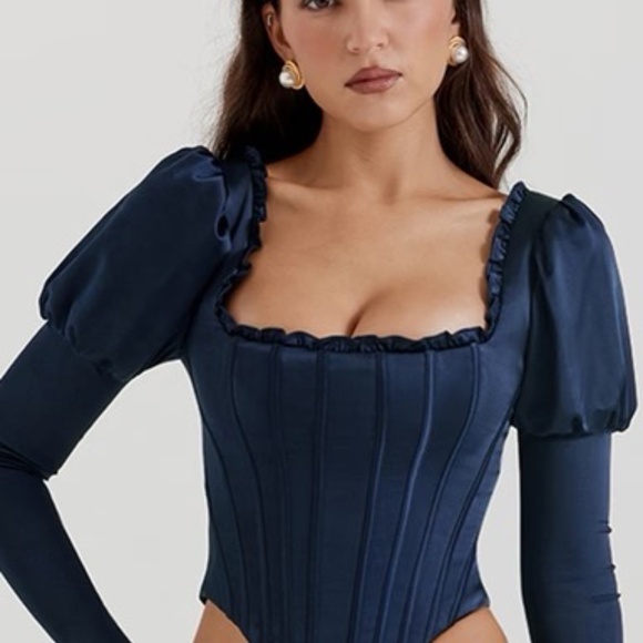 NWOT House of CB Dana Navy Puff Sleeve Corset - Picture 2 of 13